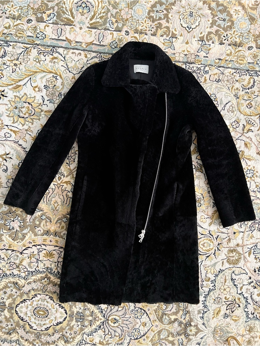 Sandro Paris real shearling black motorcycle mid-length fur coat leather small
